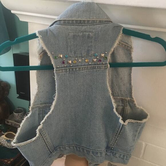 VINTAGE Y2K STUDDED JEWELED DENIM VEST WAISTCOAT W/ TURQUOISE & STUDS - Picture 6 of 8